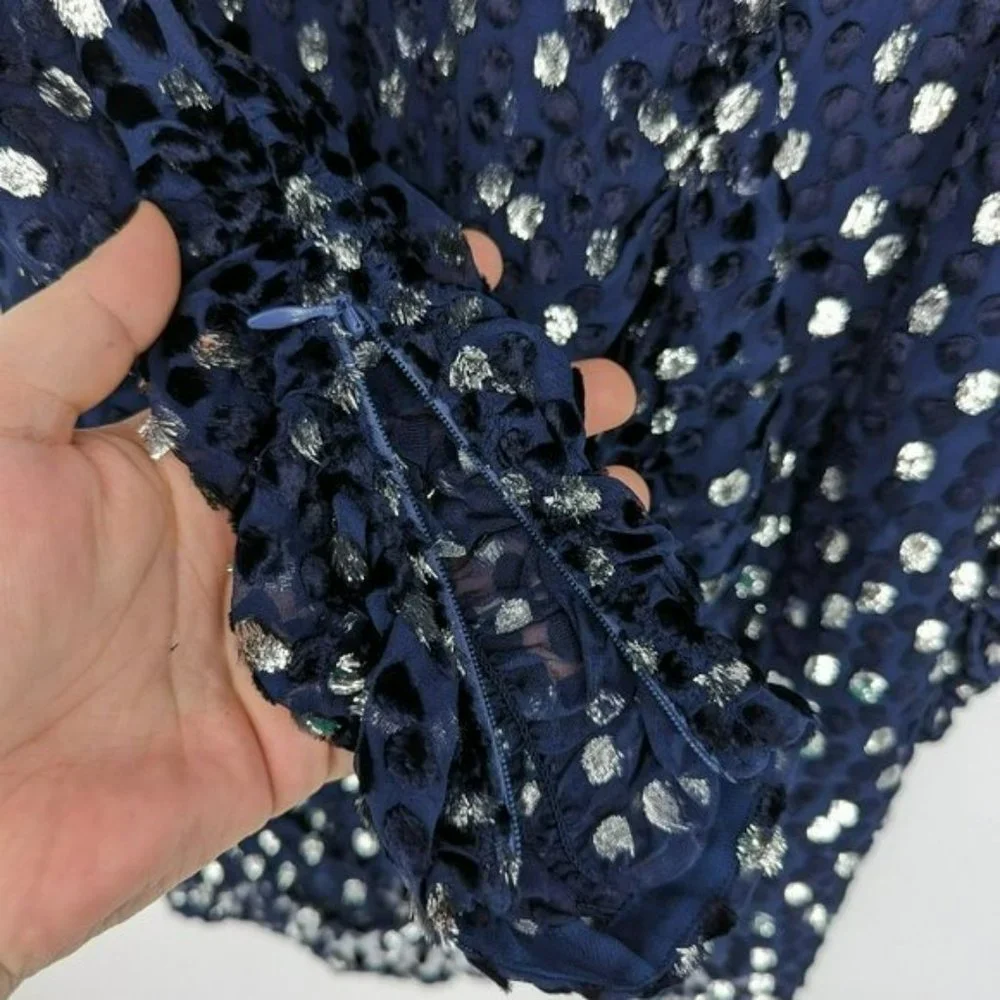 Kate Spade Scatter Dot Dress 6 Navy Silver Faux Wrap Ruffle Velvet Long Sleeve